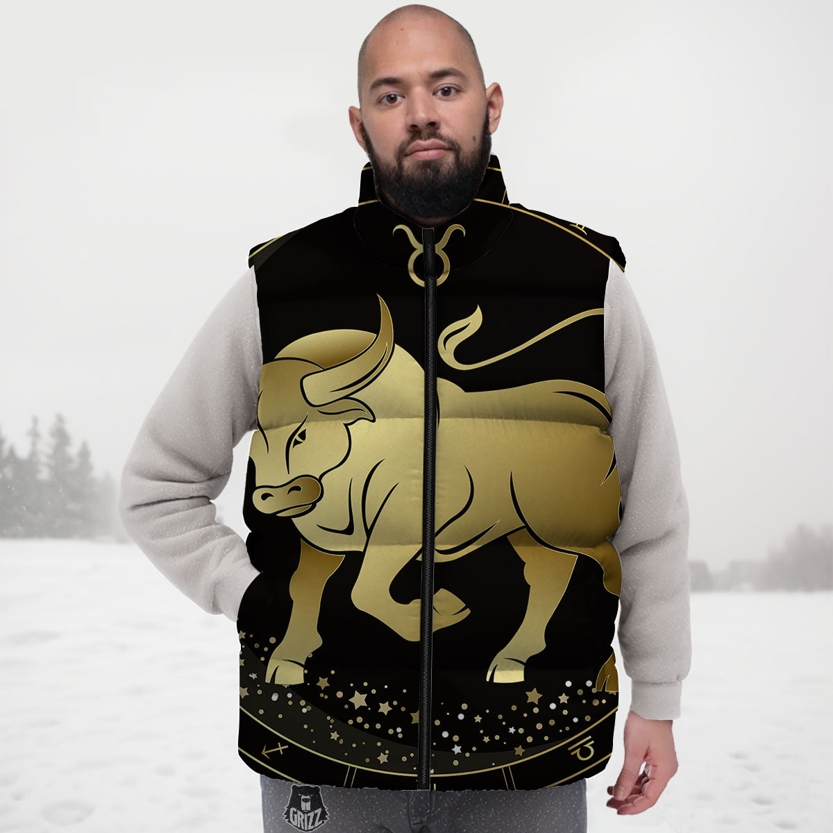 Taurus Sign Black And Gold Print Down Vest