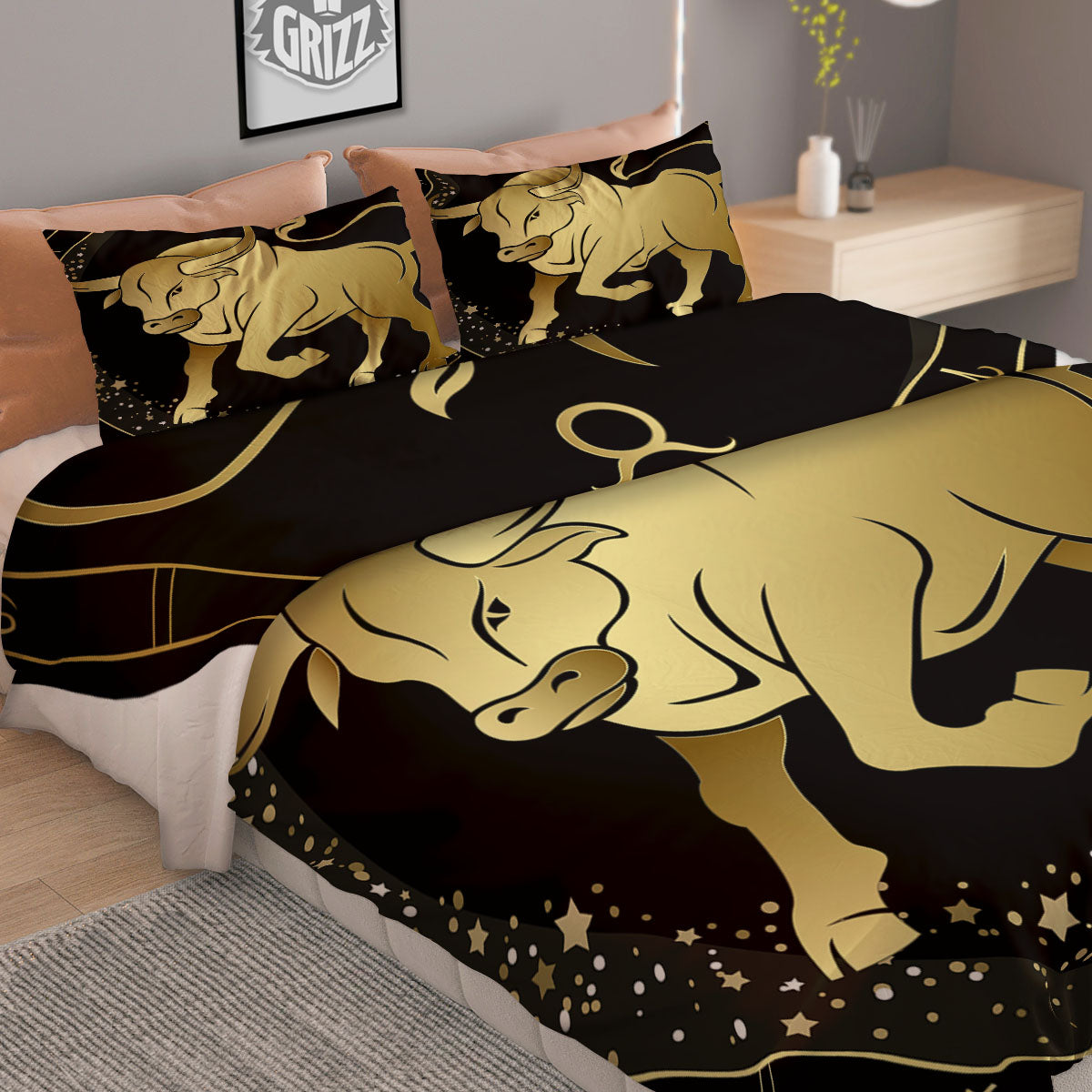 Taurus Sign Black And Gold Print Duvet Cover Bedding Set