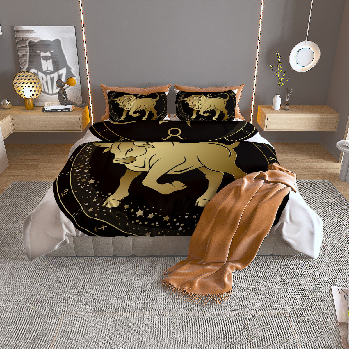 Taurus Sign Black And Gold Print Duvet Cover Bedding Set