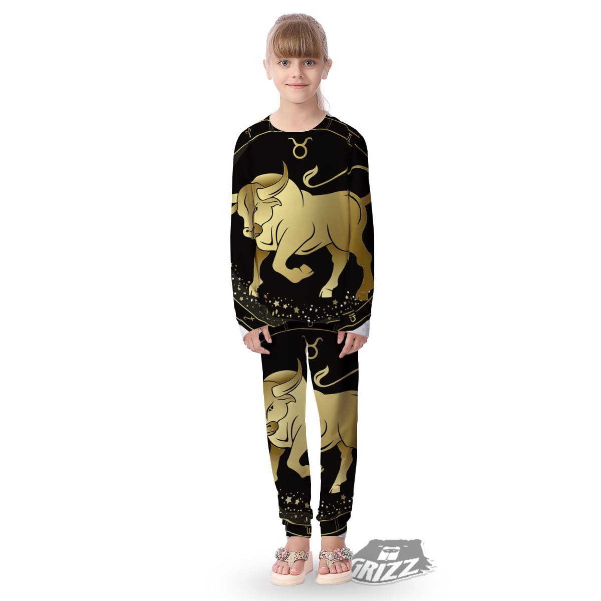 Taurus Sign Black And Gold Print Kid's Pajamas-grizzshop