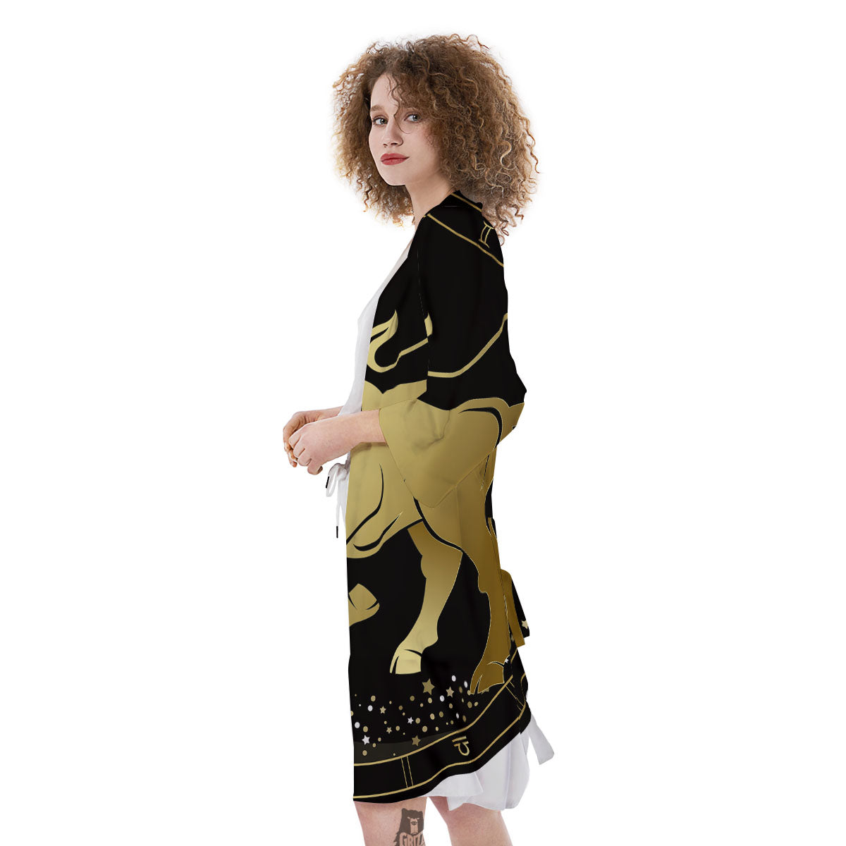 Taurus Sign Black And Gold Print Kimono-grizzshop