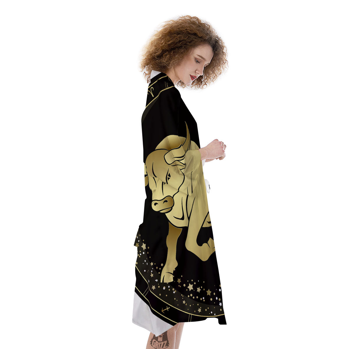 Taurus Sign Black And Gold Print Kimono-grizzshop