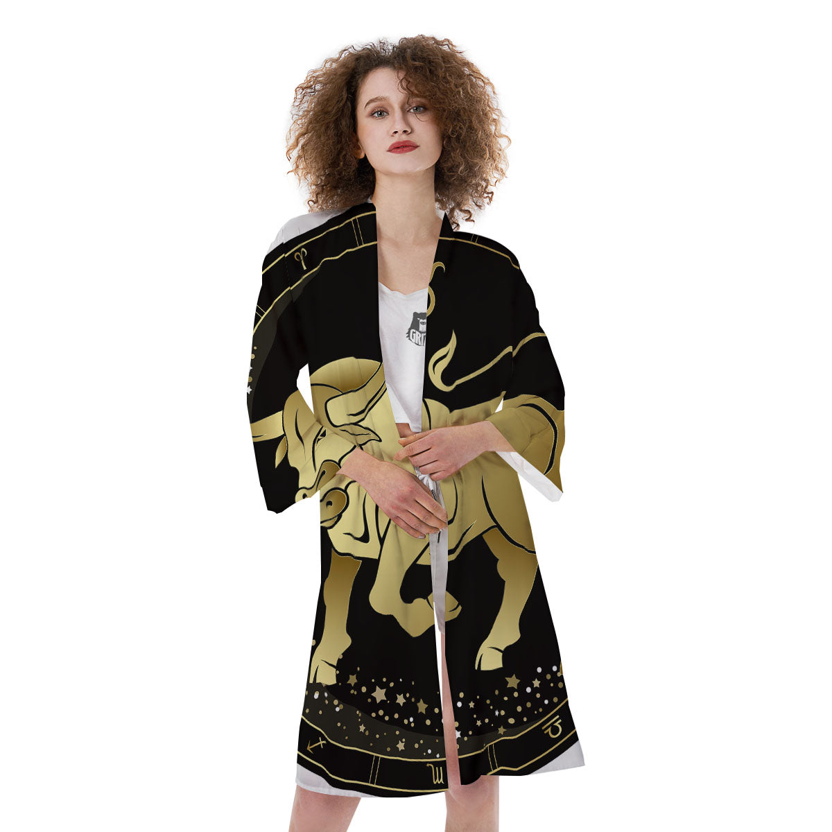 Taurus Sign Black And Gold Print Kimono-grizzshop