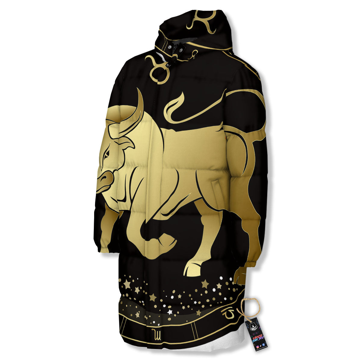 Taurus Sign Black And Gold Print Long Down Jacket-grizzshop