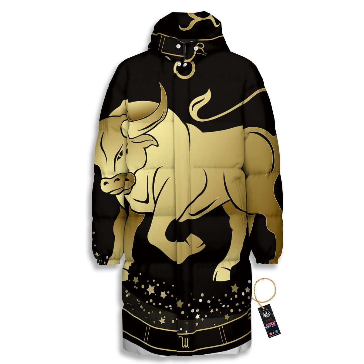 Taurus Sign Black And Gold Print Long Down Jacket-grizzshop