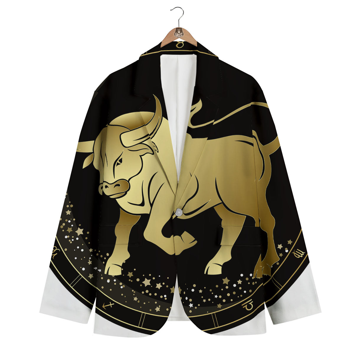 Taurus Sign Black And Gold Print Men's Blazer-grizzshop