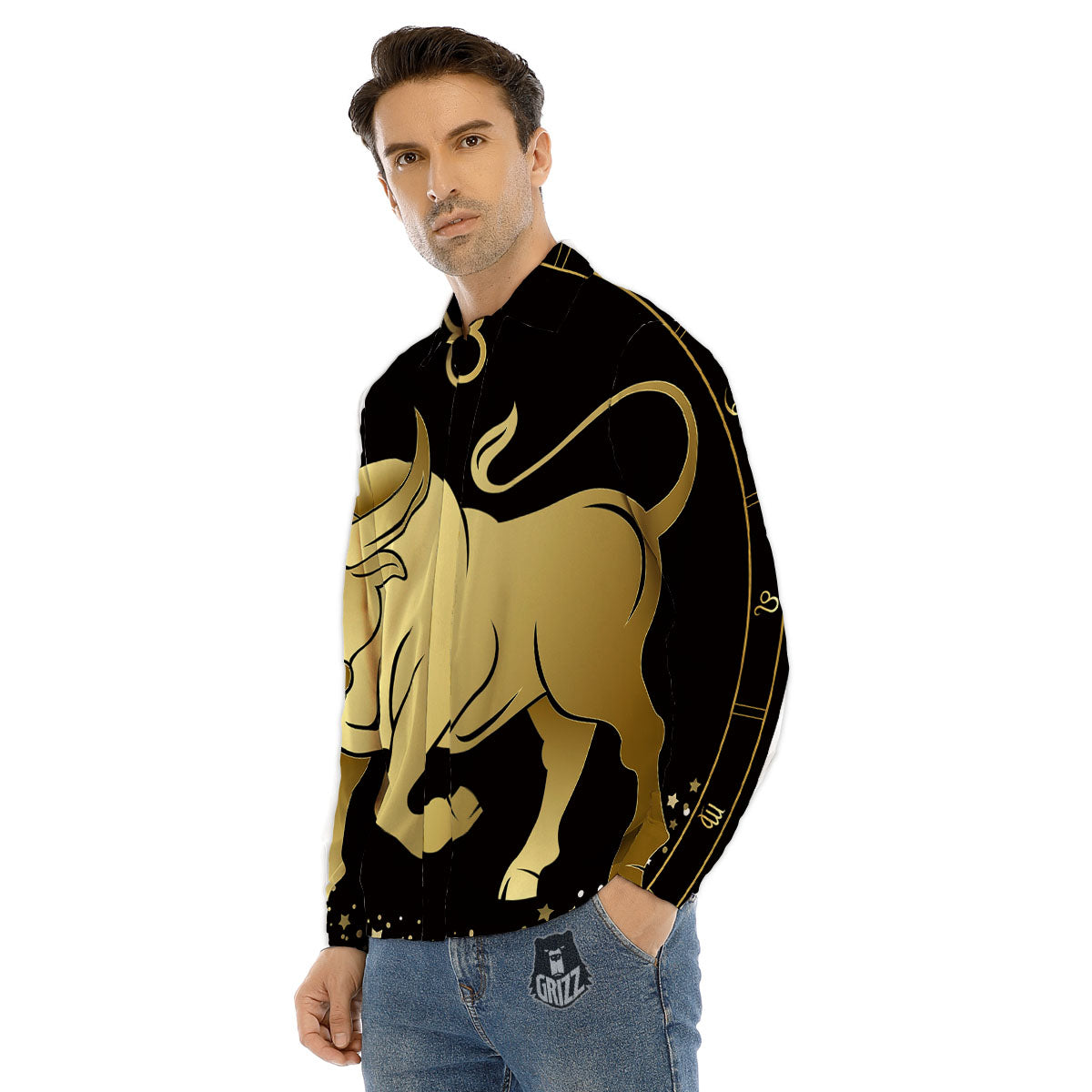 Taurus Sign Black And Gold Print Men's Dress Shirts-grizzshop