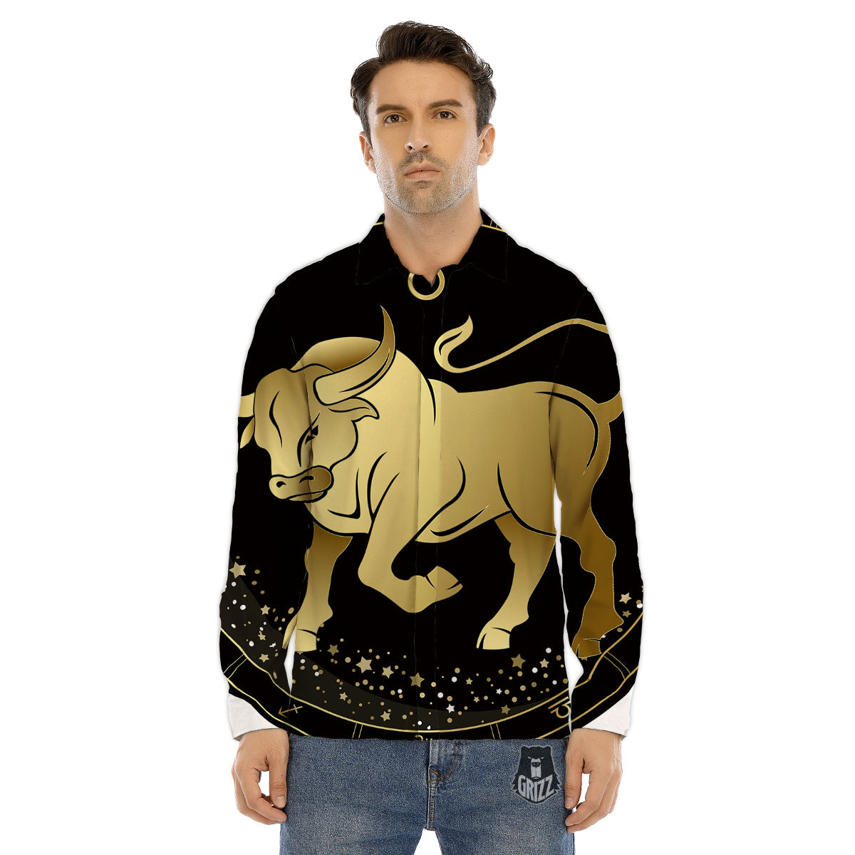 Taurus Sign Black And Gold Print Men's Dress Shirts-grizzshop