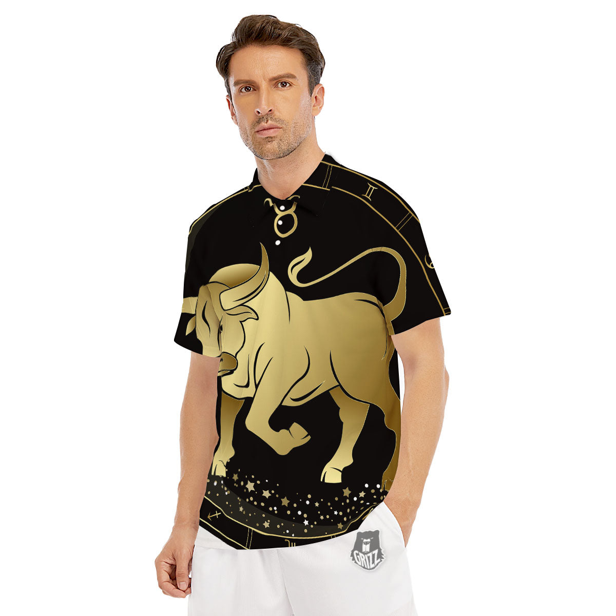 Taurus Sign Black And Gold Print Men's Golf Shirts-grizzshop