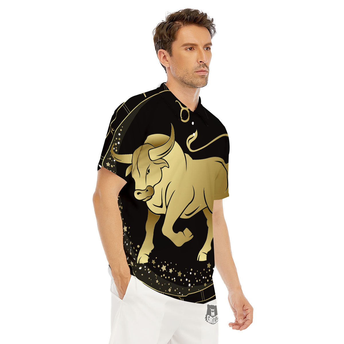 Taurus Sign Black And Gold Print Men's Golf Shirts-grizzshop