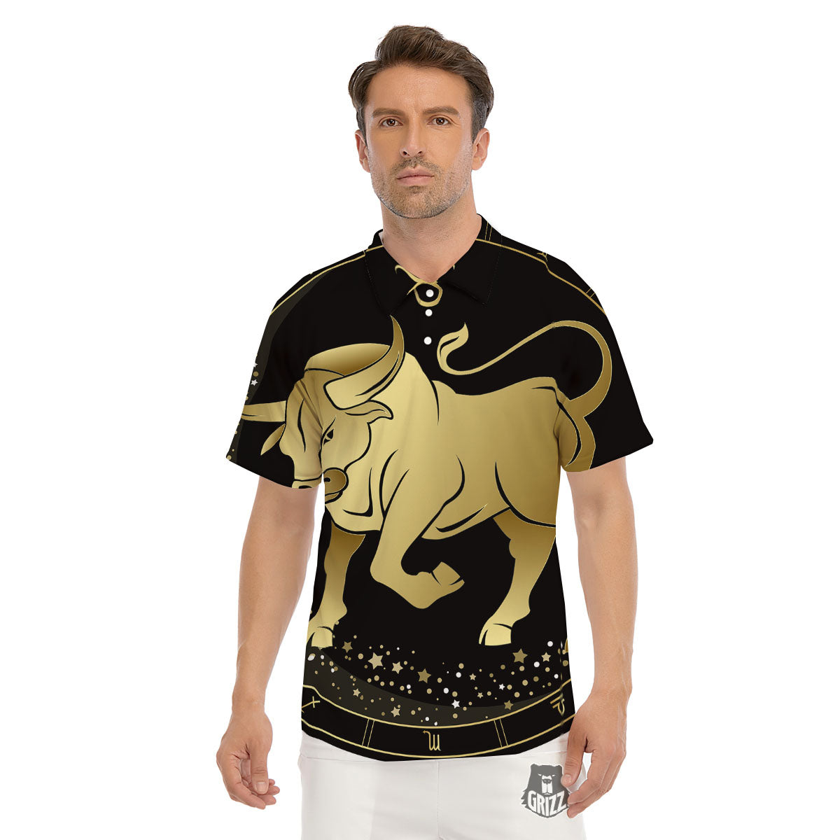 Taurus Sign Black And Gold Print Men's Golf Shirts-grizzshop