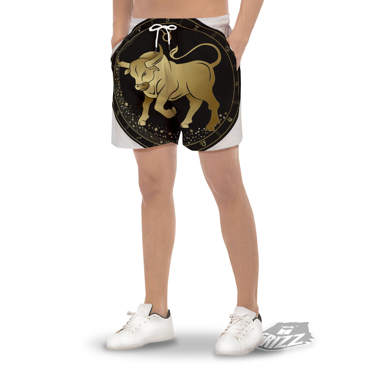 Taurus Sign Black And Gold Print Men's Gym Shorts-grizzshop