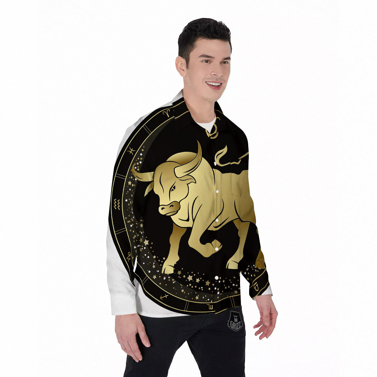 Taurus Sign Black And Gold Print Men's Long Sleeve Shirts-grizzshop