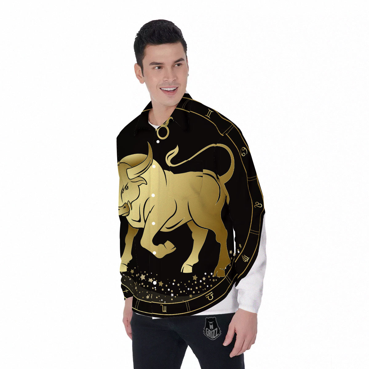 Taurus Sign Black And Gold Print Men's Long Sleeve Shirts-grizzshop