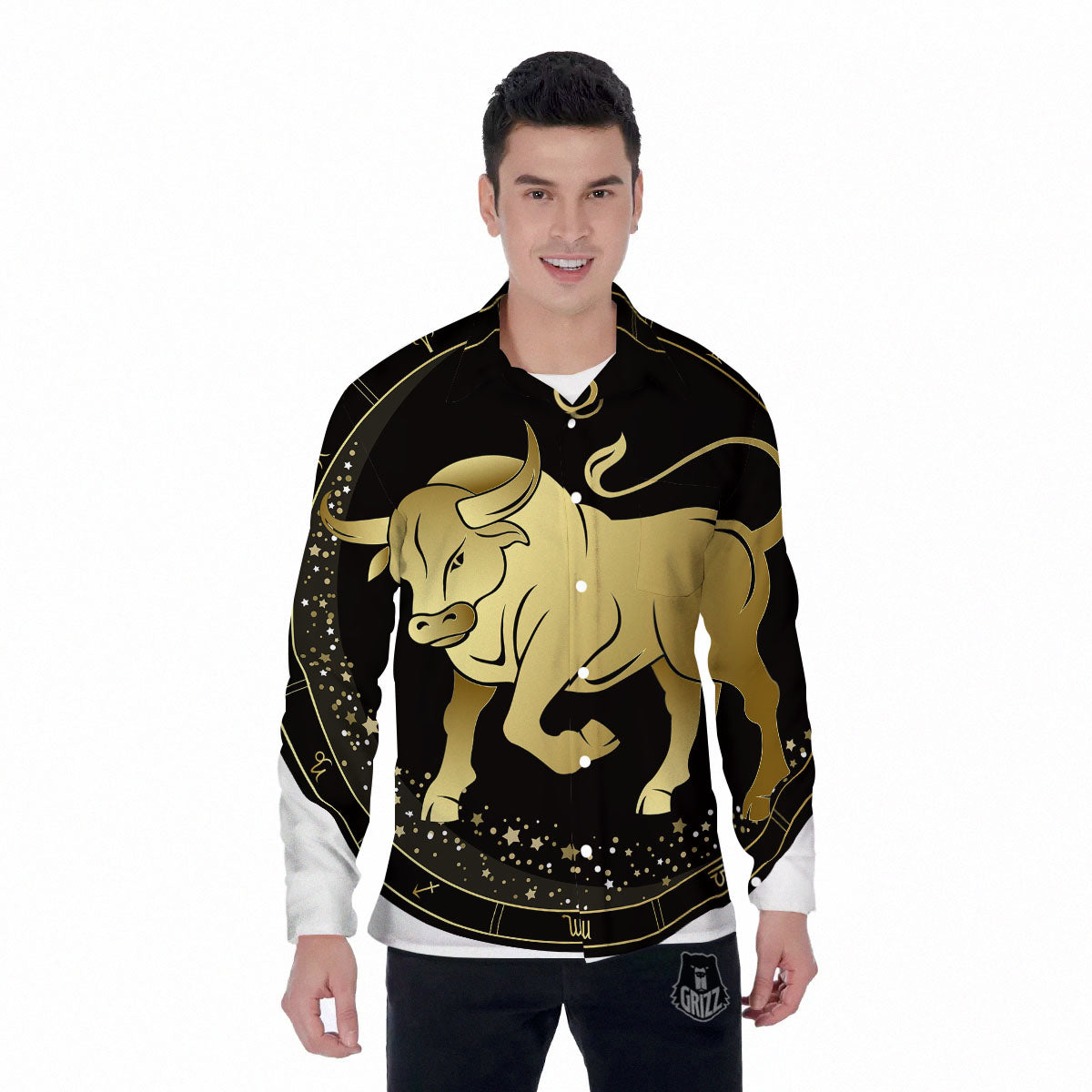 Taurus Sign Black And Gold Print Men's Long Sleeve Shirts-grizzshop