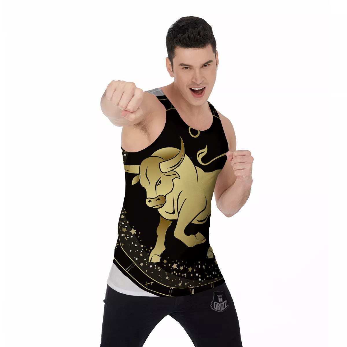 Taurus Sign Black And Gold Print Men's Tank Top-grizzshop