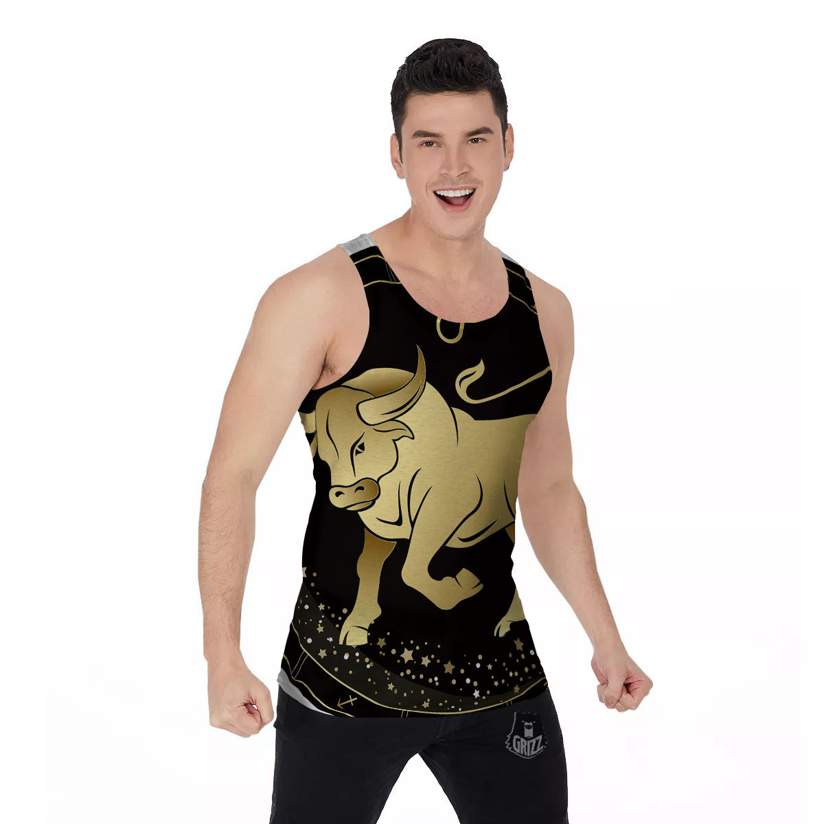 Taurus Sign Black And Gold Print Men's Tank Top-grizzshop