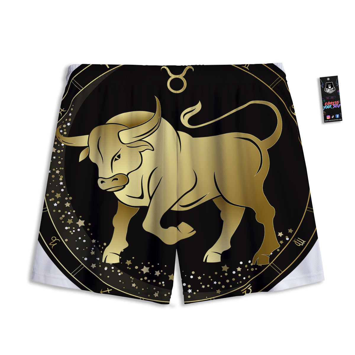 Taurus Sign Black And Gold Print Mesh Shorts