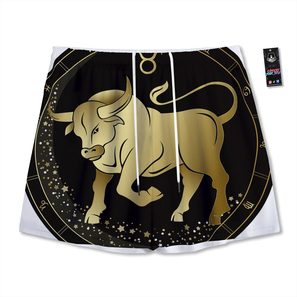 Taurus Sign Black And Gold Print Mesh Shorts