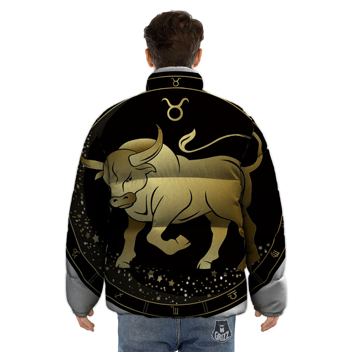 Taurus Sign Black And Gold Print Puffer Jacket-grizzshop