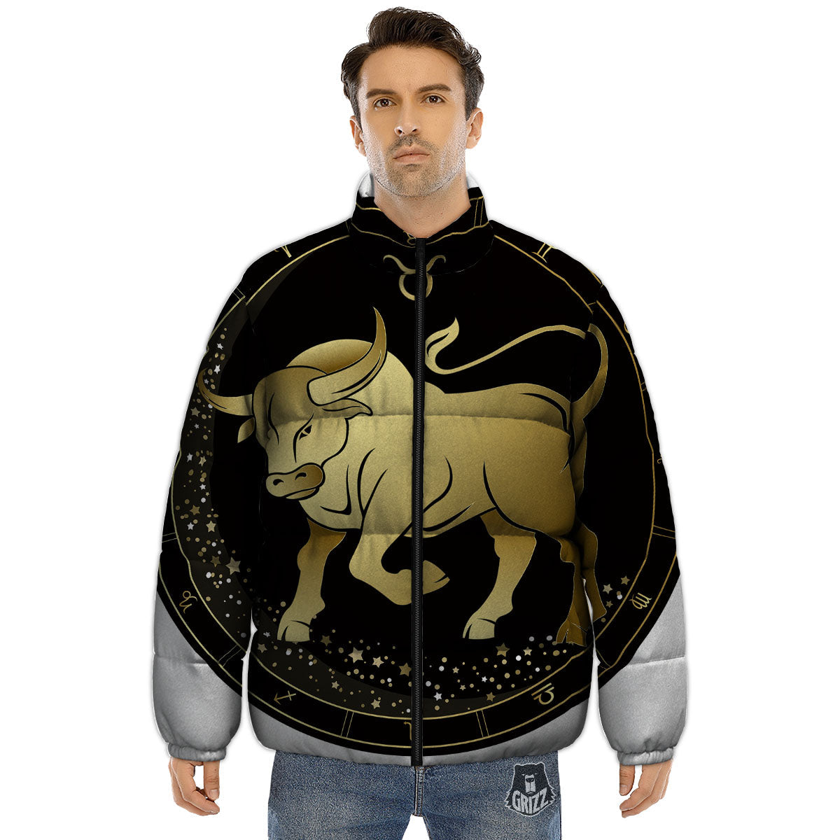 Taurus Sign Black And Gold Print Puffer Jacket-grizzshop