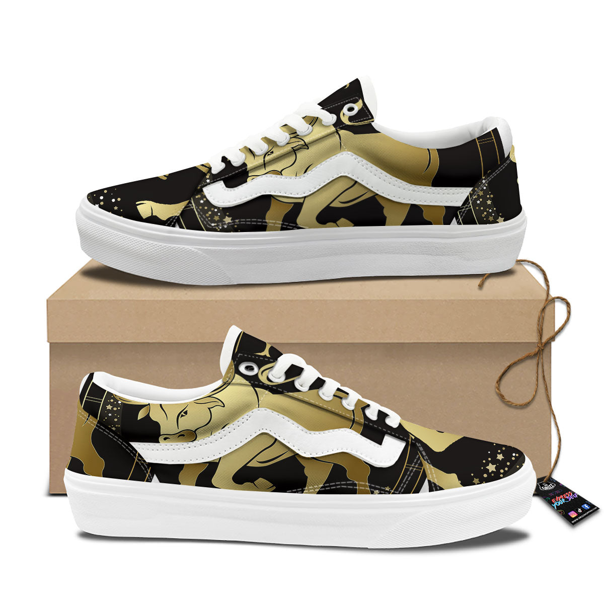 Taurus Sign Black And Gold Print Skate Shoes-grizzshop