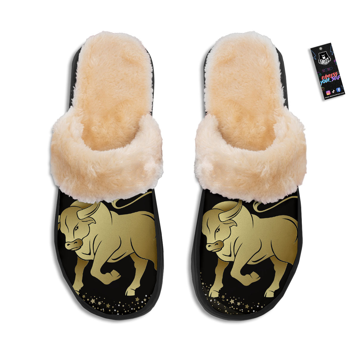 Taurus Sign Black And Gold Print Slippers-grizzshop