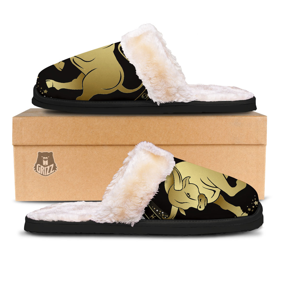 Taurus Sign Black And Gold Print Slippers-grizzshop