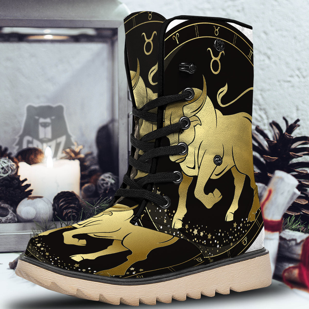 Taurus Sign Black And Gold Print Snow Boots-grizzshop