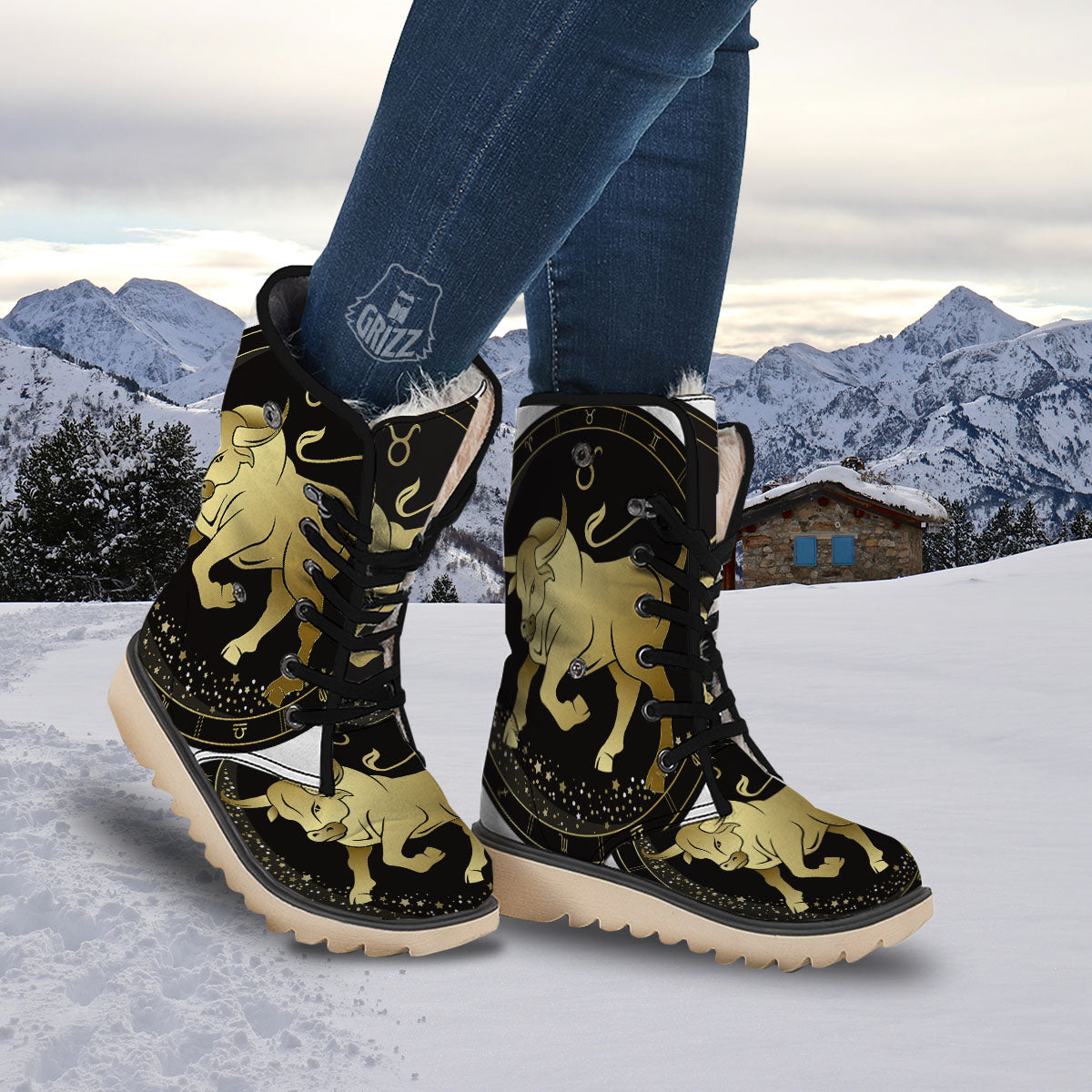Taurus Sign Black And Gold Print Snow Boots-grizzshop