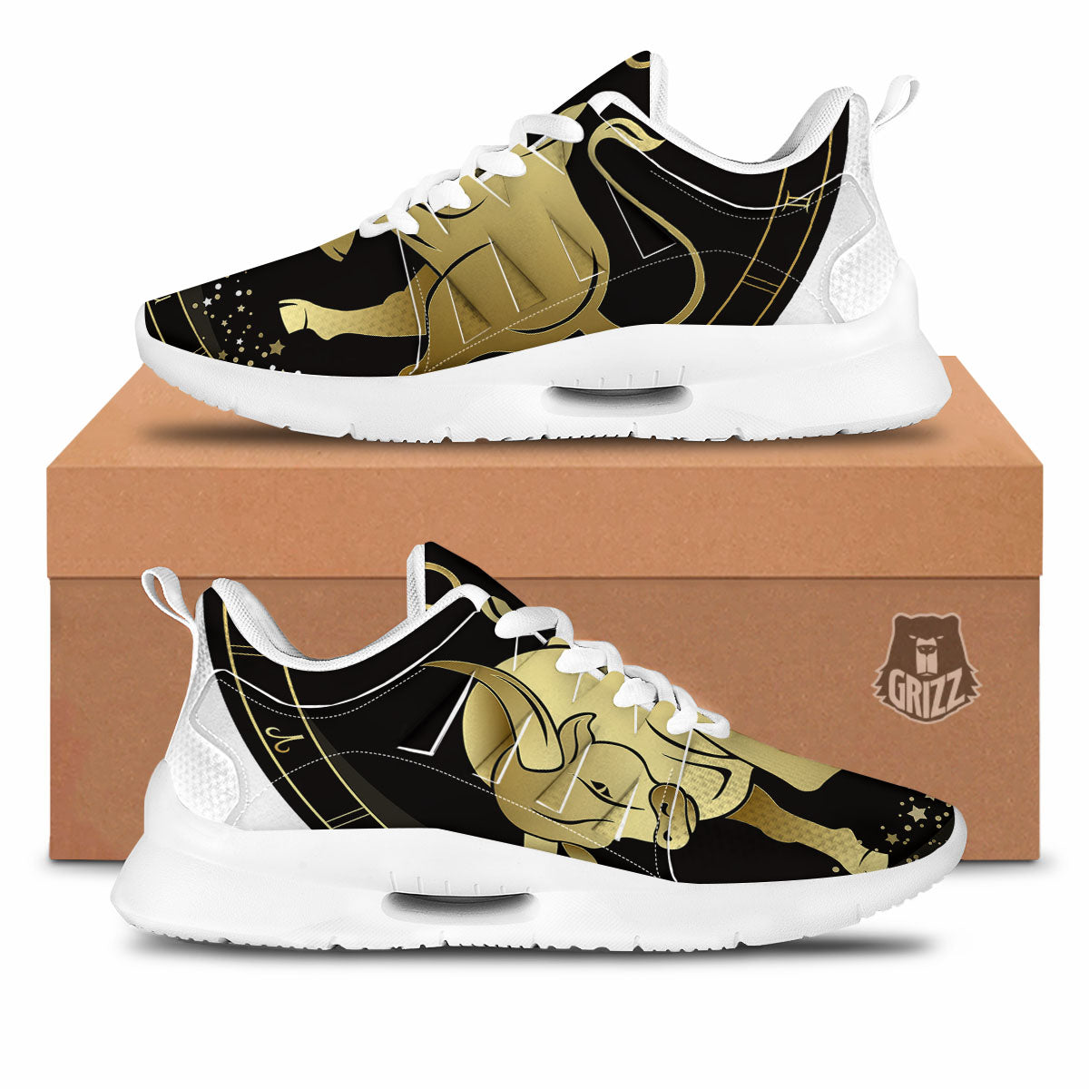 Taurus Sign Black And Gold Print Tennis Shoes-grizzshop
