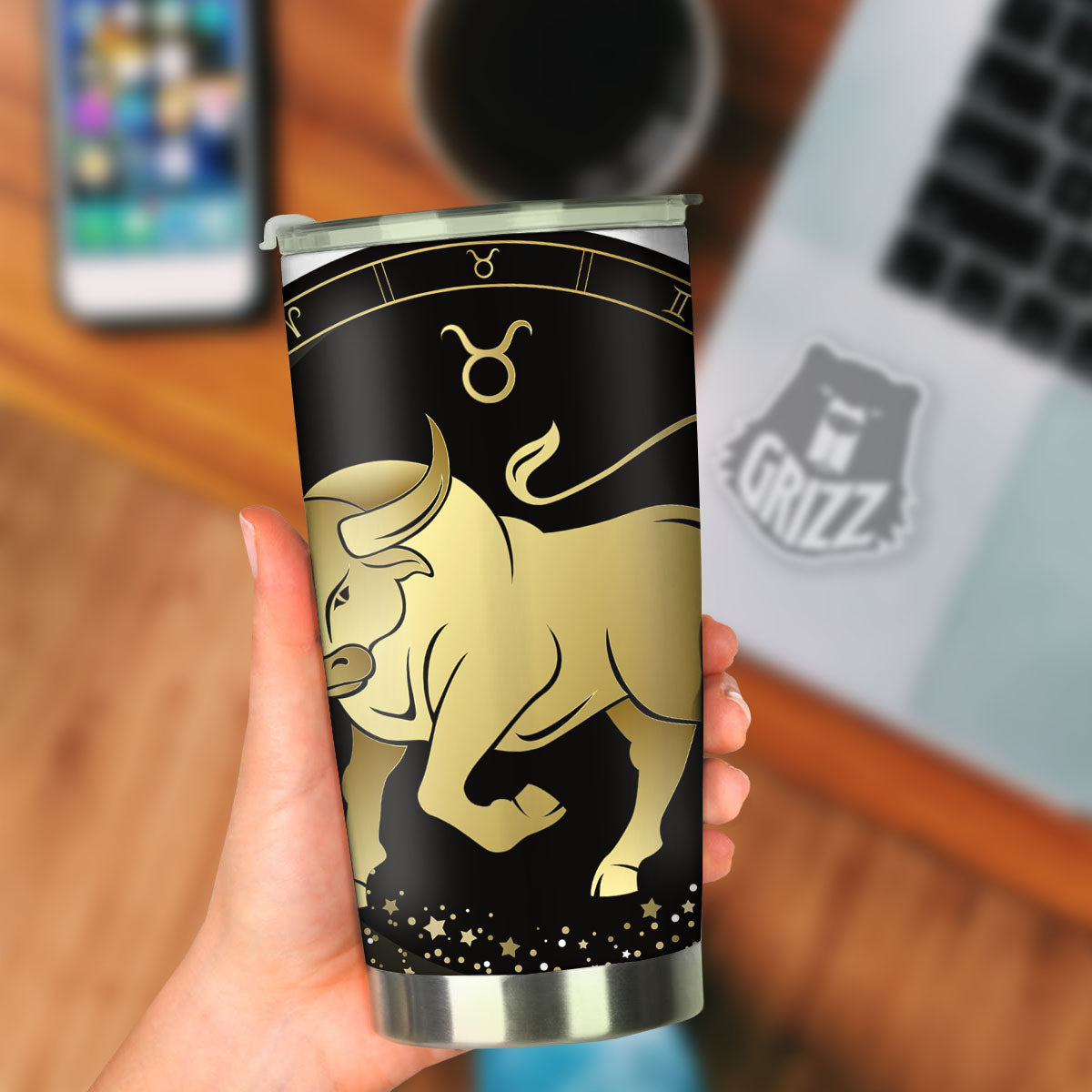 Taurus Sign Black And Gold Print Tumbler-grizzshop