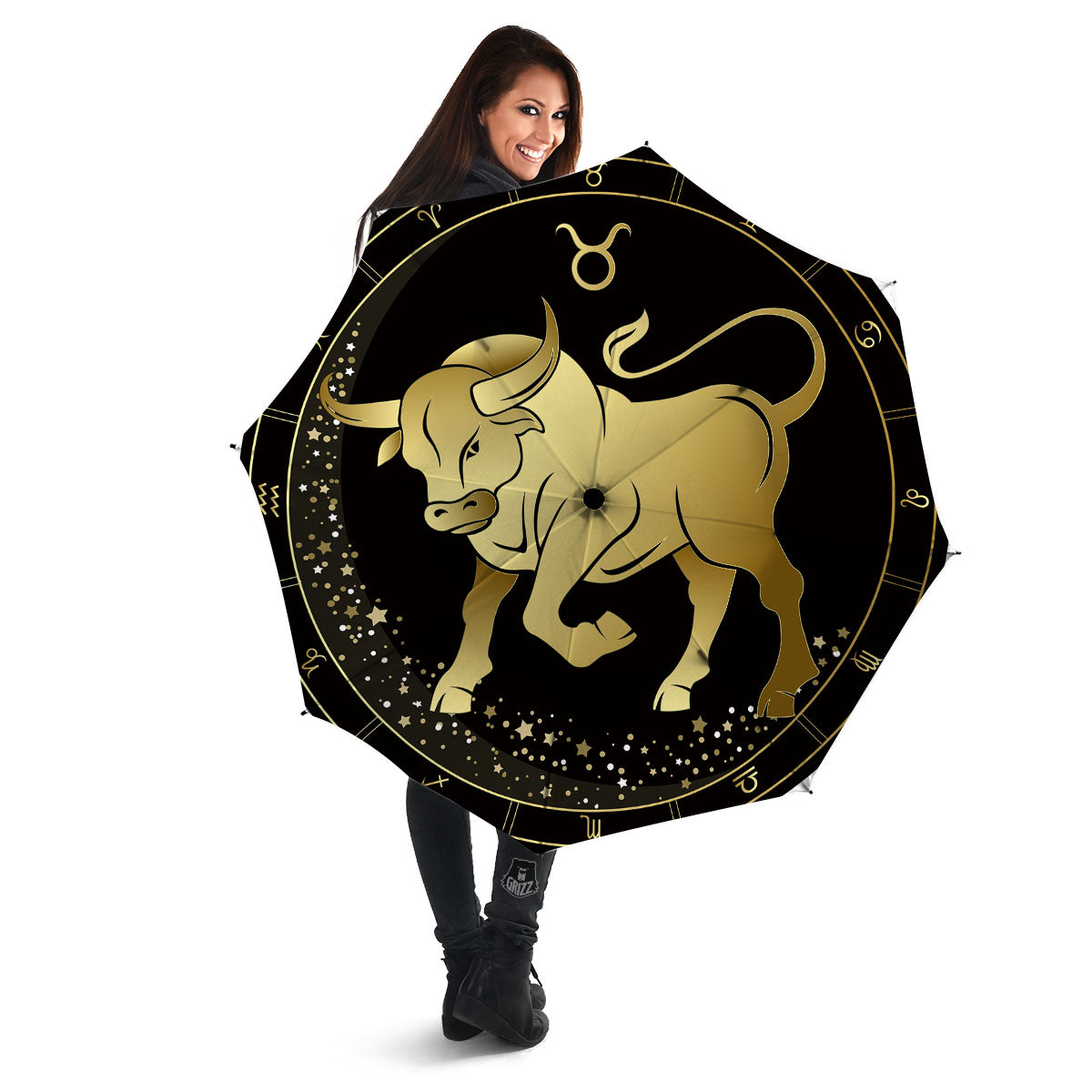 Taurus Sign Black And Gold Print Umbrella-grizzshop