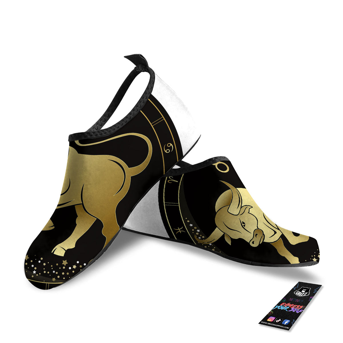 Taurus Sign Black And Gold Print Water Shoes-grizzshop
