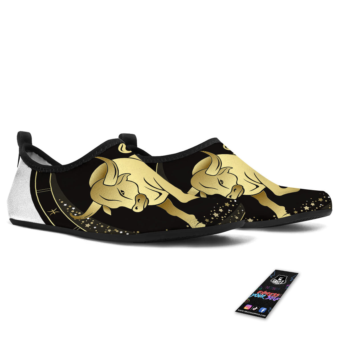 Taurus Sign Black And Gold Print Water Shoes-grizzshop
