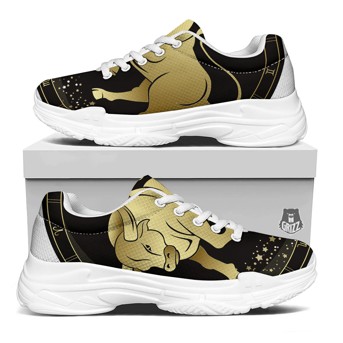 Taurus Sign Black And Gold Print White Chunky Shoes-grizzshop