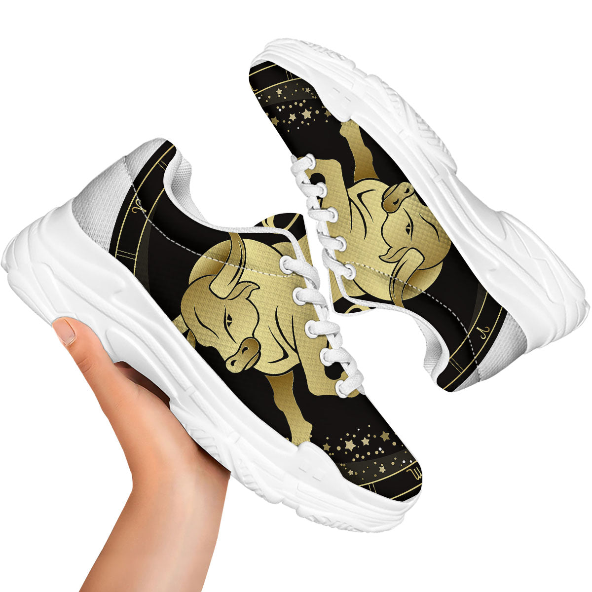 Taurus Sign Black And Gold Print White Chunky Shoes-grizzshop
