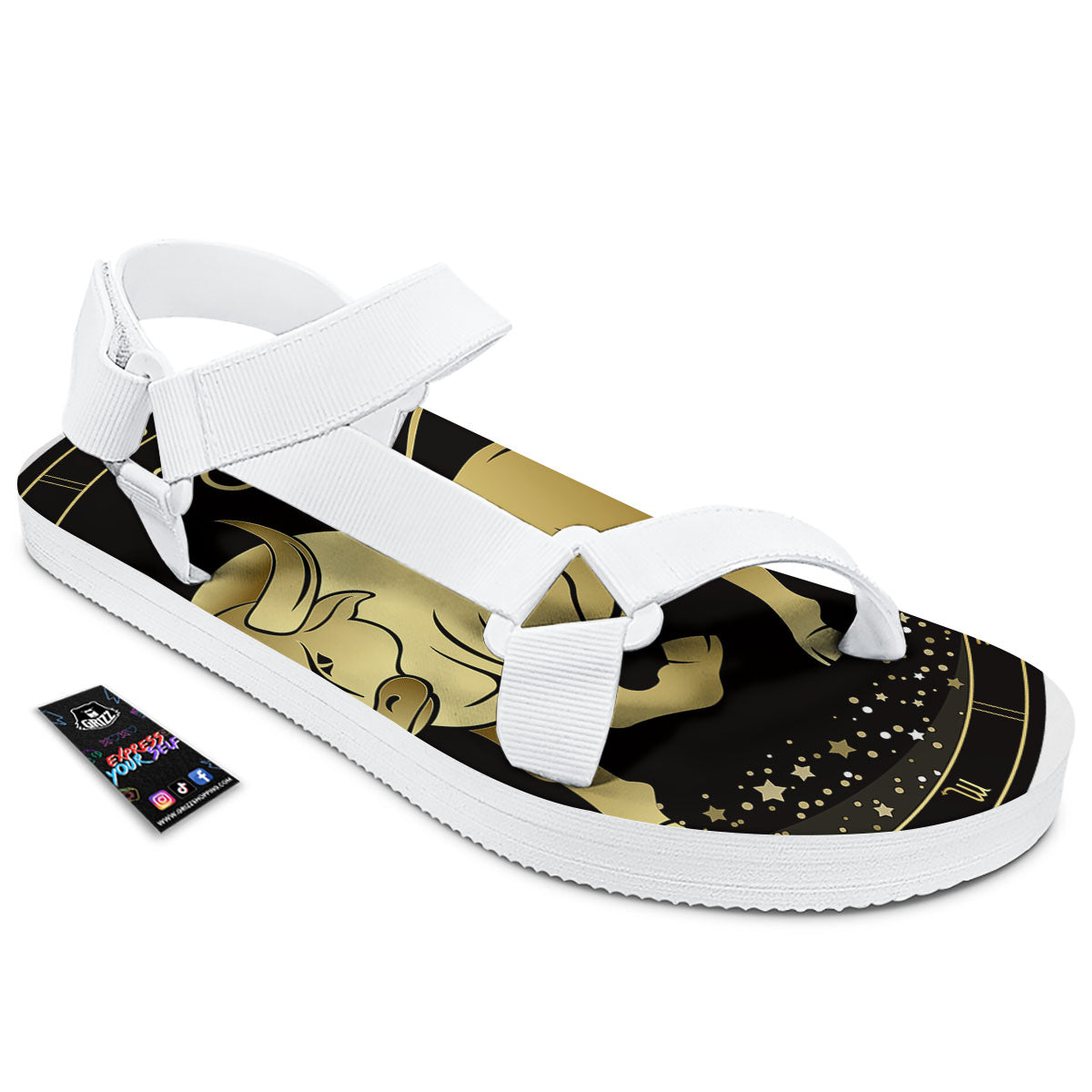 Taurus Sign Black And Gold Print White Open Toe Sandals-grizzshop