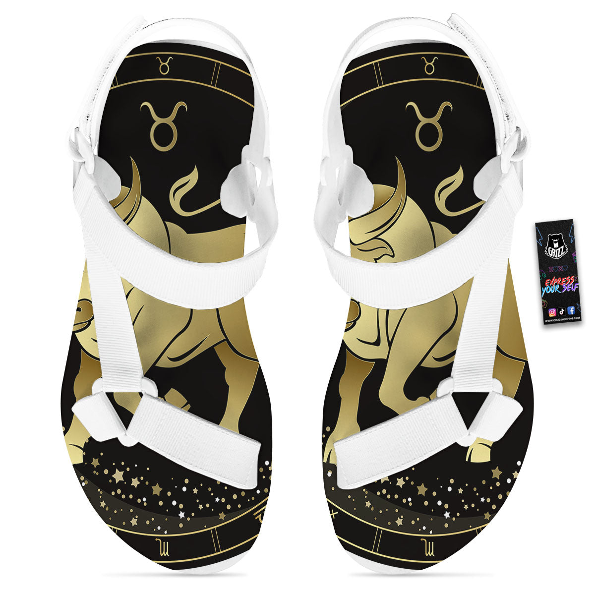 Taurus Sign Black And Gold Print White Open Toe Sandals-grizzshop