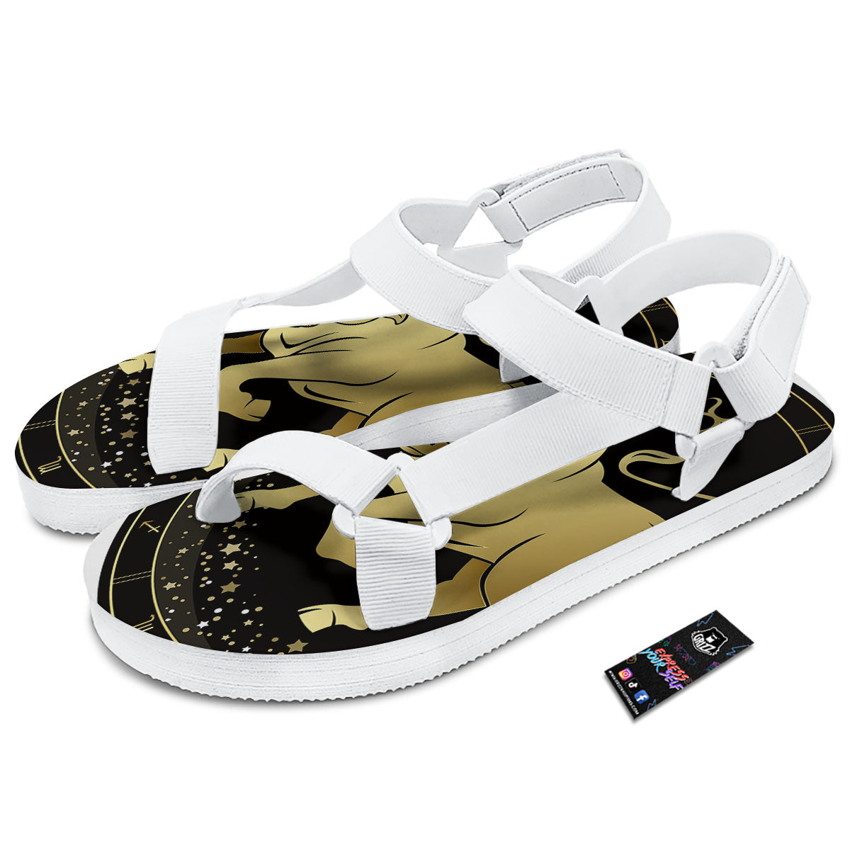 Taurus Sign Black And Gold Print White Open Toe Sandals-grizzshop
