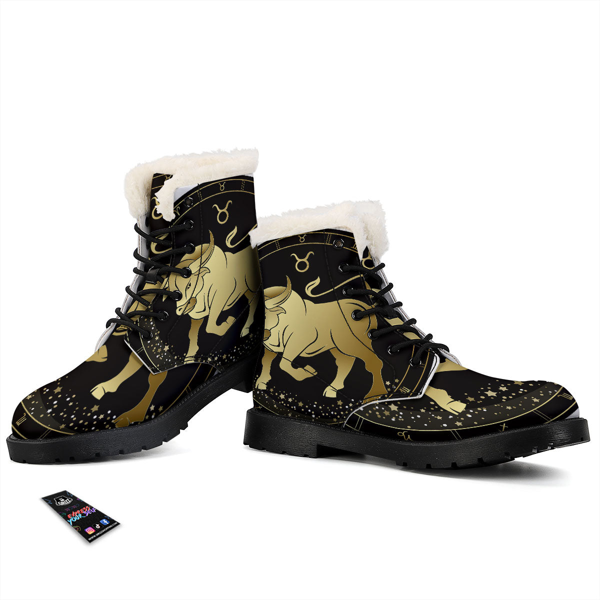 Taurus Sign Black And Gold Print Winter Boots-grizzshop
