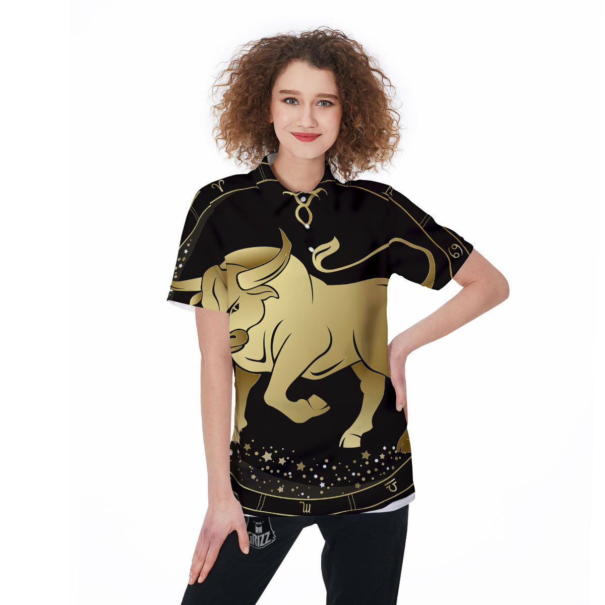 Taurus Sign Black And Gold Print Women's Golf Shirts-grizzshop