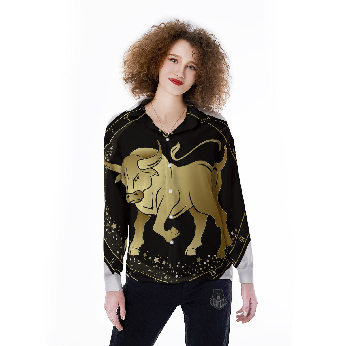 Taurus Sign Black And Gold Print Women's Long Sleeve Shirts-grizzshop