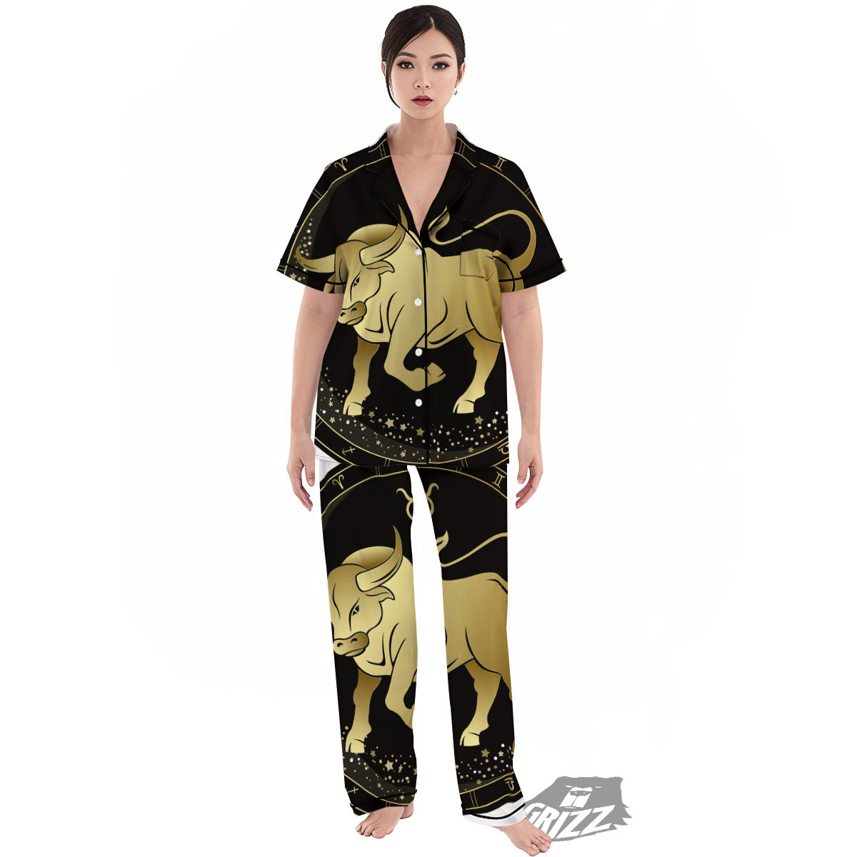 Taurus Sign Black And Gold Print Women's Pajamas Set-grizzshop