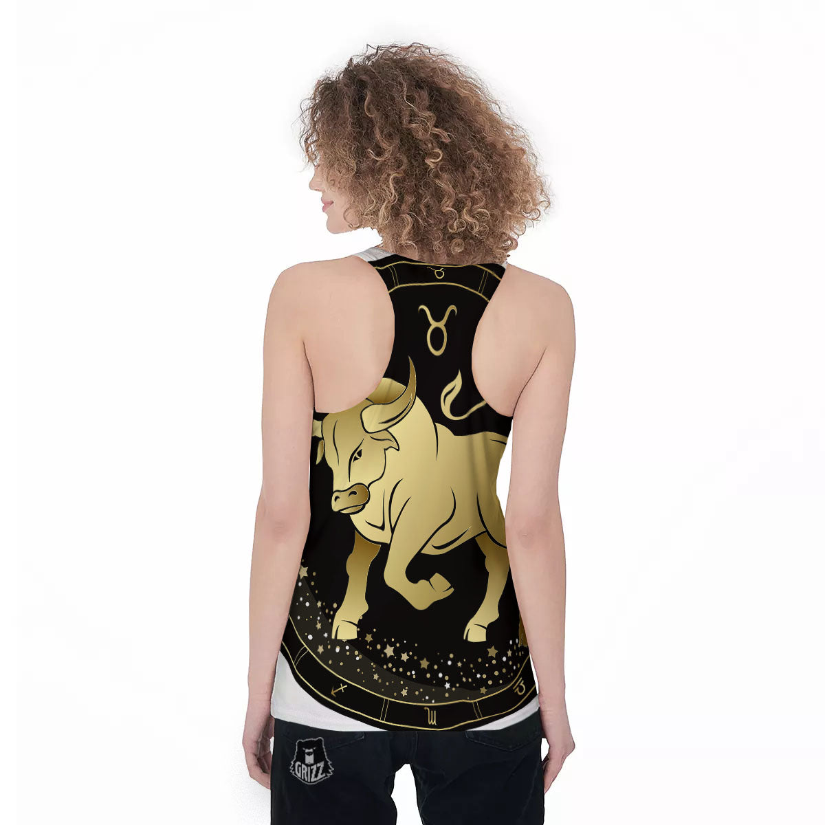 Taurus Sign Black And Gold Print Women's Racerback Tank Top-grizzshop