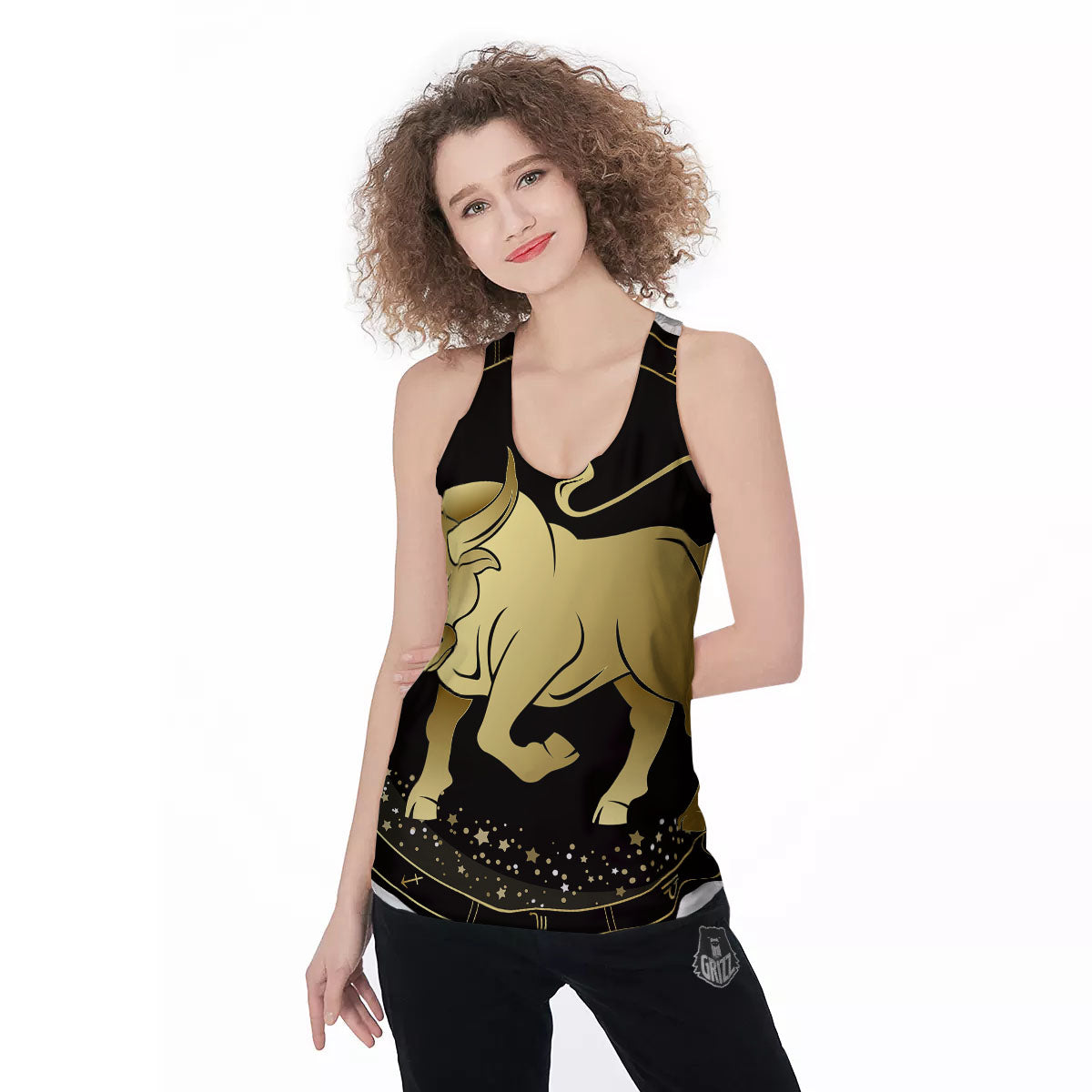 Taurus Sign Black And Gold Print Women's Racerback Tank Top-grizzshop