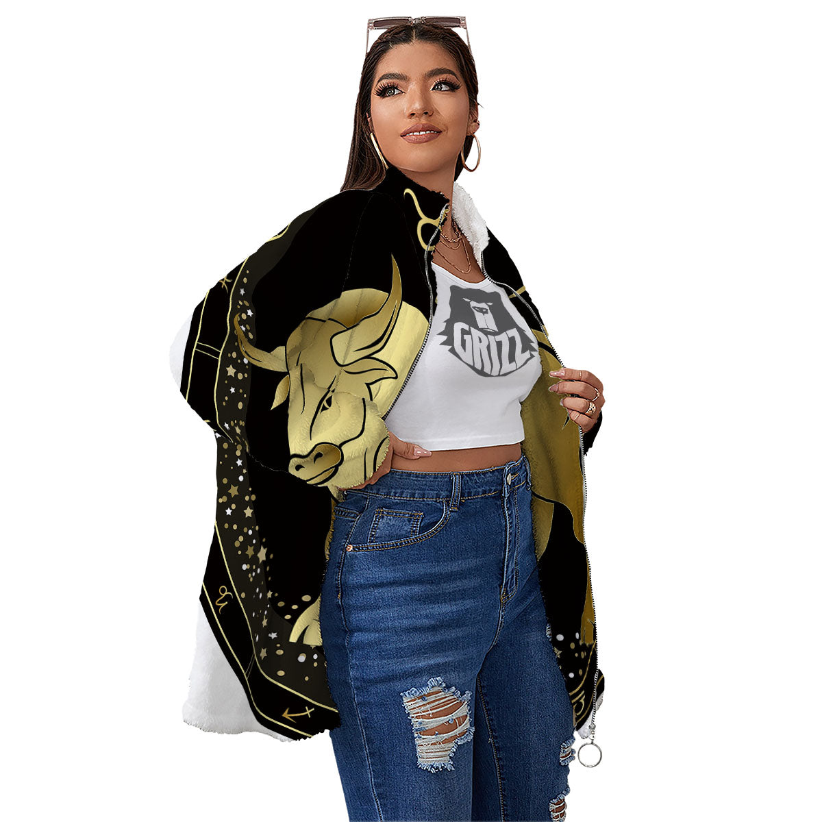 Taurus Sign Black And Gold Print Women's Sherpa Jacket-grizzshop