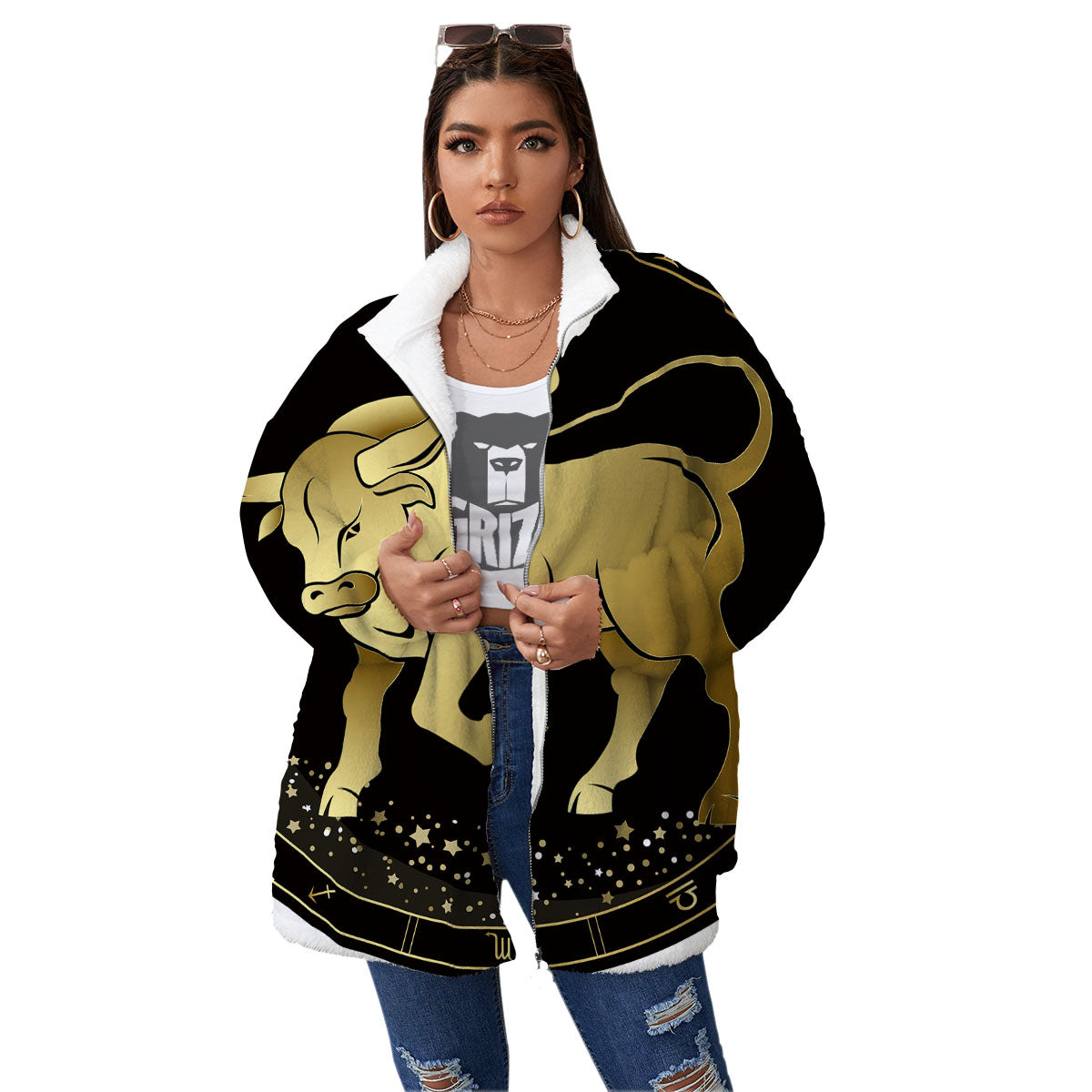 Taurus Sign Black And Gold Print Women's Sherpa Jacket-grizzshop
