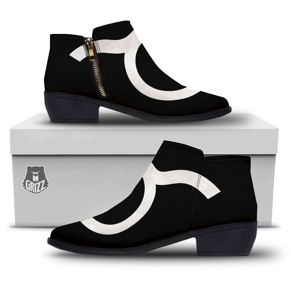 Taurus Sign White And Black Print Ankle Boots-grizzshop