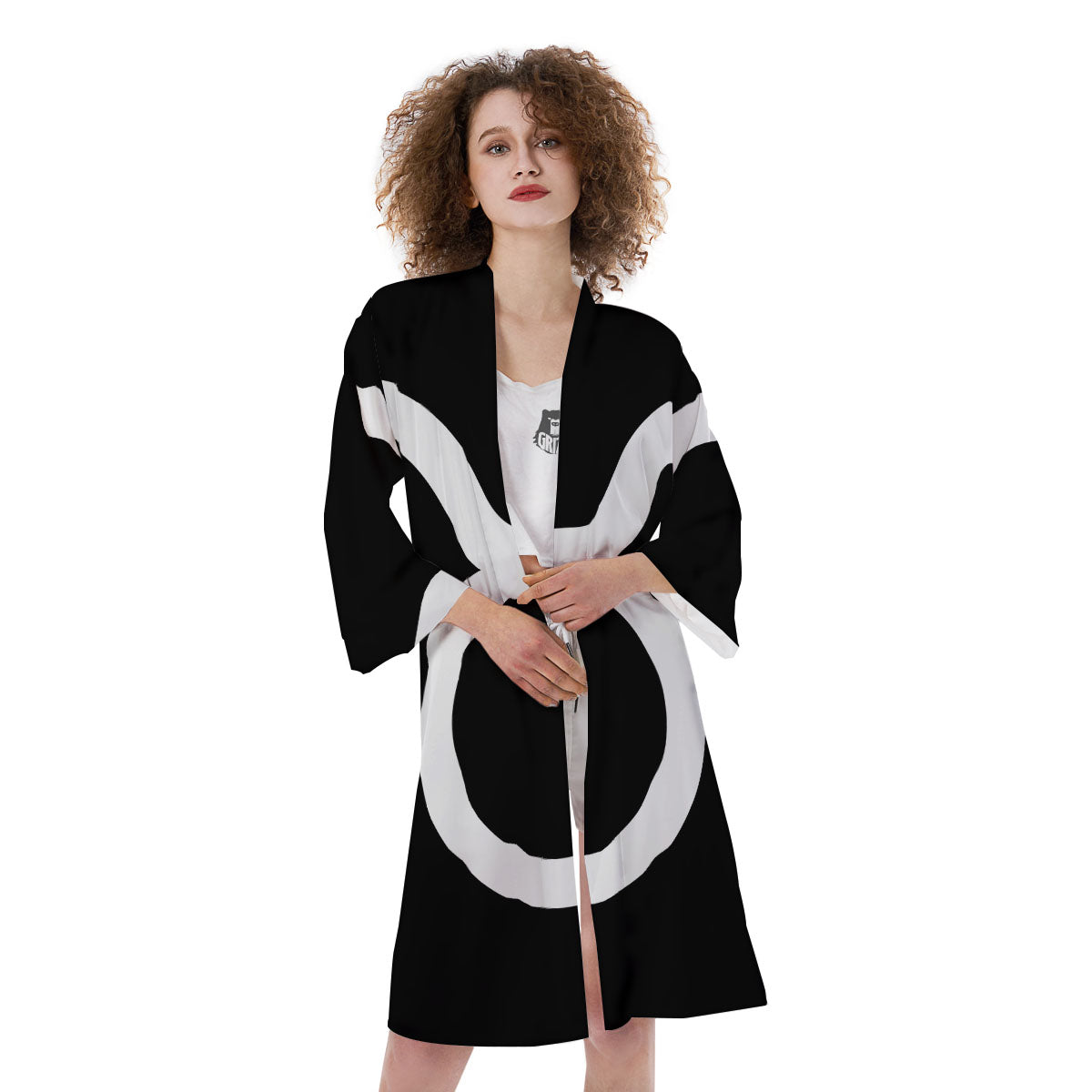 Taurus Sign White And Black Print Kimono-grizzshop